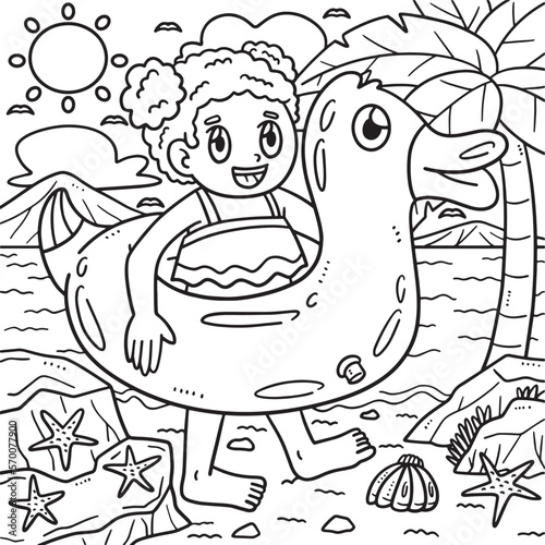 Summer Child with Swim Ring Coloring Page for Kids