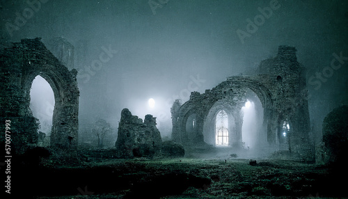 Seen from the ruins of an abbey at night, this image is charged with spirituality and mysticism. Ideal for adding a strong atmosphere to graphic projects or emotional content. Generative AI