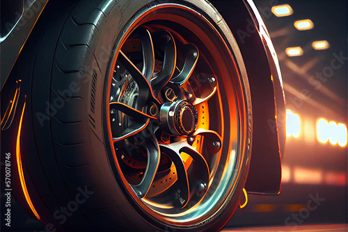Close-up of aluminium rim of luxury car wheel. Detail background. High quality ai generated illustration