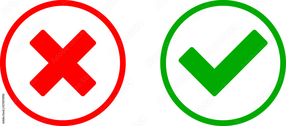 Yes and No or Right and Wrong or Approved and Declined Icons with Check Mark and X Signs in Green and Red Circles. Vector Image.
Yes and No or Right and Wrong or Approved and Declined Icons with Check Mark and X Signs in Green and Red Circles. Vector Image.