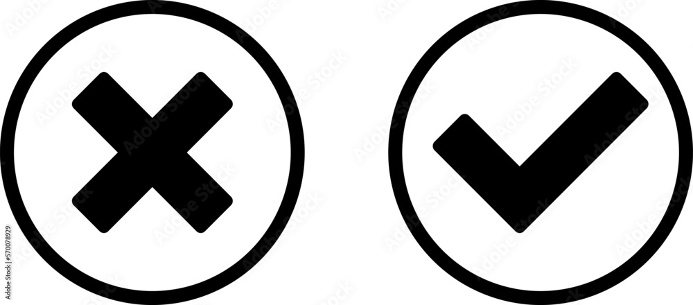 Yes and No or Right and Wrong or Approved and Declined Icons with Check Mark and X Signs in Black Circles. Vector Image.
Yes and No or Right and Wrong or Approved and Declined Icons with Check Mark and X Signs in Black Circles. Vector Image.