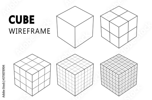 Wireframe cube in differenr resolution PNG. Connection Structure. Futuristic digital technology. Vector Illustration. photo