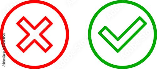 Yes and No or Right and Wrong or Approved and Declined Icons with Check Mark and X Signs in Green and Red Circles. Vector Image.	
