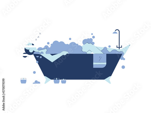 Vector logo simple falling asleep over the bath while taking a shower of soap suds still a lot