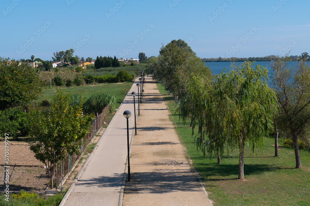 Camino del Ebro path near new bridge, Lo Passador, Ebro Delta, Tarragona, Catalonia, Spain