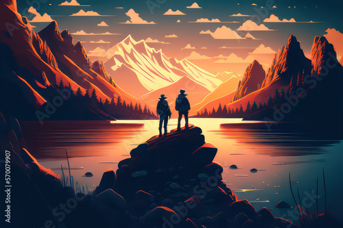 Illustration of a couple of hikers admiring the sunset near a lake, Generative AI