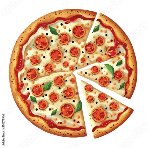 Pepperoni pizza with cheese, tomato and basil, takeaway food, American style Italian pizza