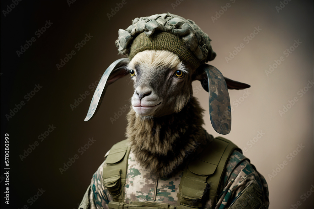 Goat dressed as soldier, concept of Military Uniform and Livestock