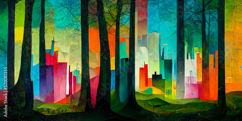 A dynamic mural where the skyline of a modern city and the dense greenery of a forest blend together for a unique and attractive visual effect. Generative AI photo