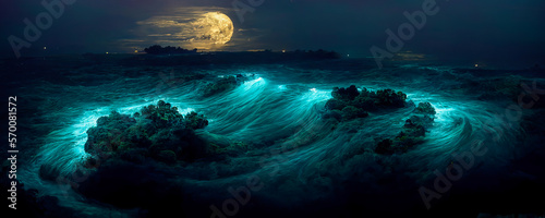 A mystical and panoramic view of waves on an ocean under a full moon, for powerful and evocative images. Generative AI