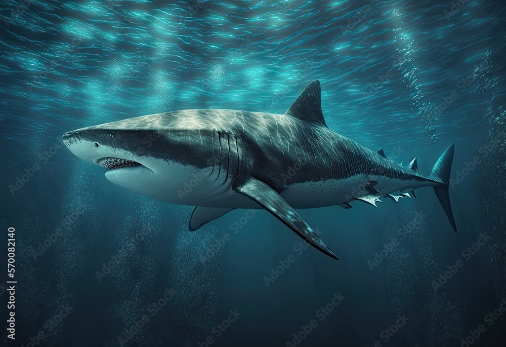 shark in the dark ocean created with Generative AI technology