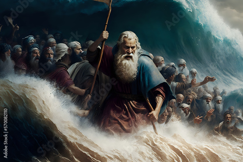 Illustration of the Exodus of the bible, Moses crossing the Red Sea Generative AI © Adam