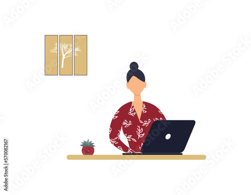 Faceless woman tutor work on laptop.Remote work, distance E-learning or online training during virus epidemic.Lady trainer or coach conduct webinar,seminar or workshop.Raster colourful illustration