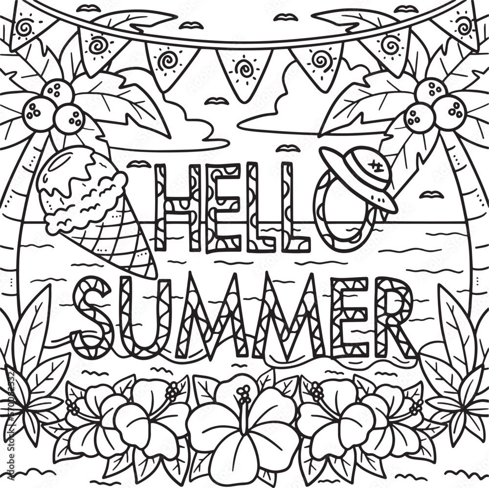 Hello Summer Coloring Page for Kids