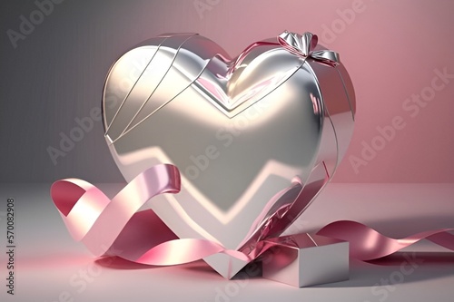 Silver heart with ribbon on pink background  (ID: 570082908)
