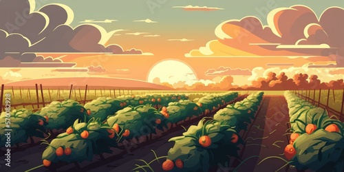 Sunset in clouds over agricultural fields with green tomatoes bushes. South Ukraine agriculture field. Generative AI
