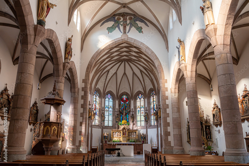 Holy Mary Church (Parrocchia di Maria Assunta -.Pfarrkirche Maria Himmelfahrt) In the town of Scena - Schenna, South Tyrol, Südtirol, Trentino Alto Adige, Italy