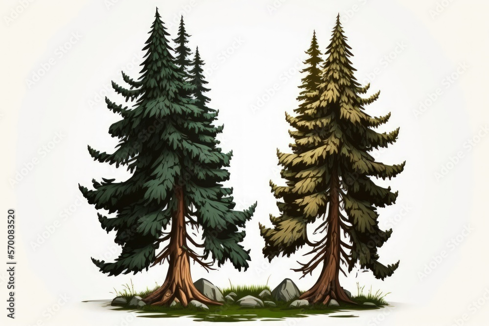 two spruce trees in a white background. Generative AI