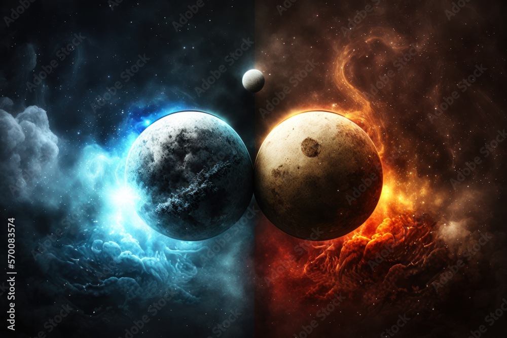 Two planets, opposite worlds, space background, Generative AI - obrazy, fototapety, plakaty 