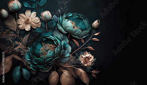 Fototapeta Naklejka Na Ścianę i Meble -  Peonies and little flowers bouquet on dark background, Generative AI