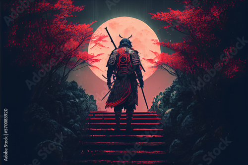 The terrifying ronin stands in the forest at night. Black silhouette of a Japanese warrior samurai against the night forest. High quality ai generated illustration. photo