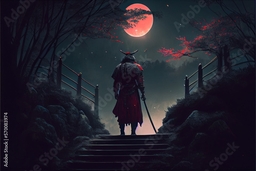 The terrifying ronin stands in the forest at night. Black silhouette of a Japanese warrior samurai against the night forest. High quality ai generated illustration. photo