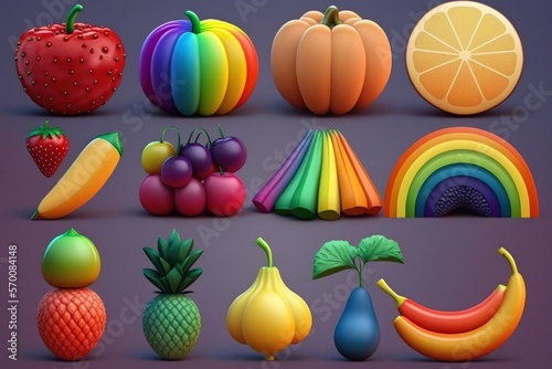 Rainbow collection of fruits and vegetables. Generative AI