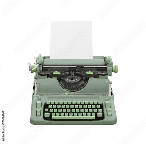Vintage green typewriter isolated with cut out background.