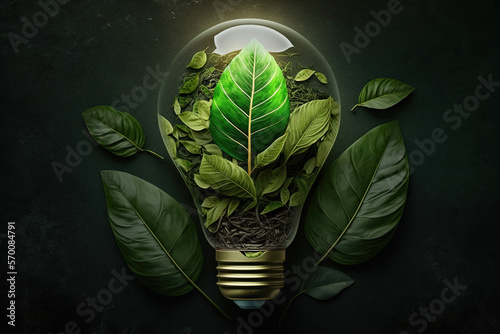 Green eco friendly lightbulb from fresh leaves top view, concept of Renewable Energy and Sustainable Living, created with Generative AI technology photo