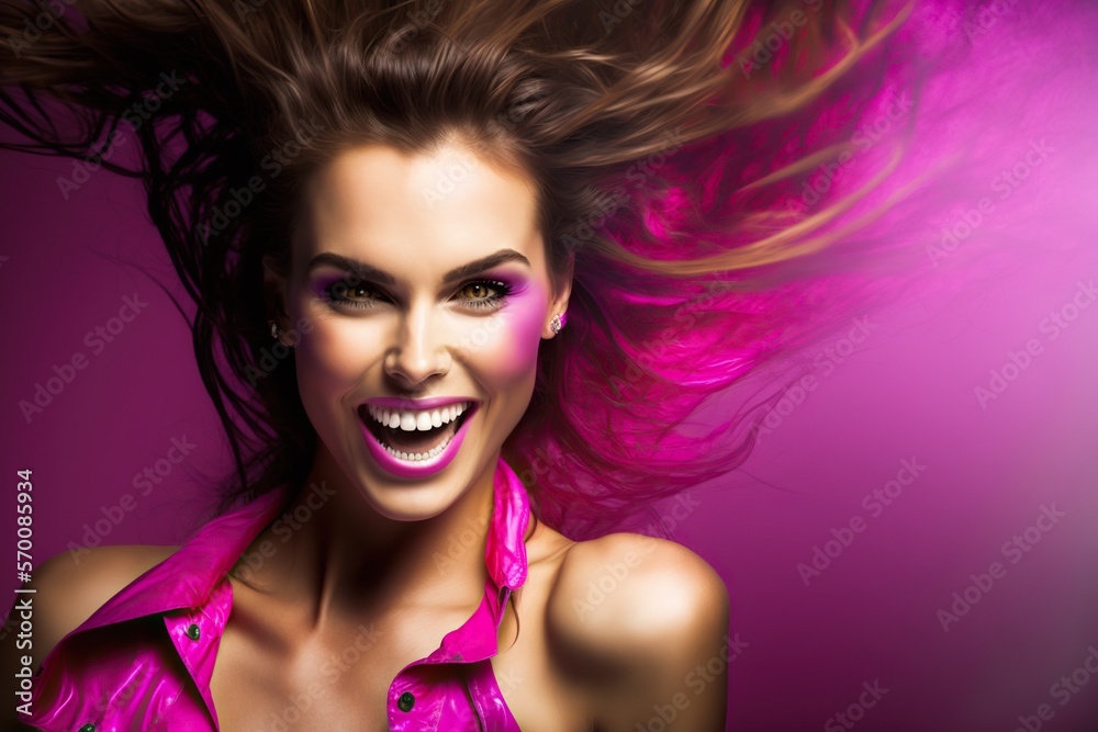 Fashion model woman happy, studio lighting, magenta copyspace, concept of Beauty and Glamour, created with Generative AI technology