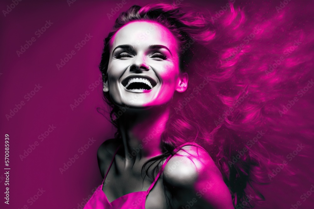 Fashion model woman happy, studio lighting, magenta copyspace, concept of Beauty and Glamour, created with Generative AI technology