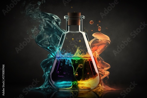 Flask with mixing chemicals, concept of Laboratory and Experimentation, created with Generative AI technology photo