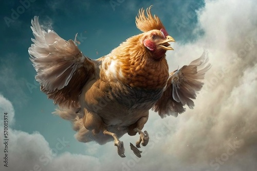 Leinwand Poster Flying chicken, concept of Flight and Fowl, created with Generative AI technolog