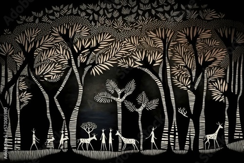 Forest painted in warli style, concept of Folk Art and Nature Art, created with Generative AI technology