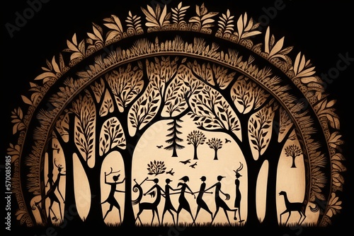 Forest painted in warli style, concept of Folk Art and Nature Art, created with Generative AI technology