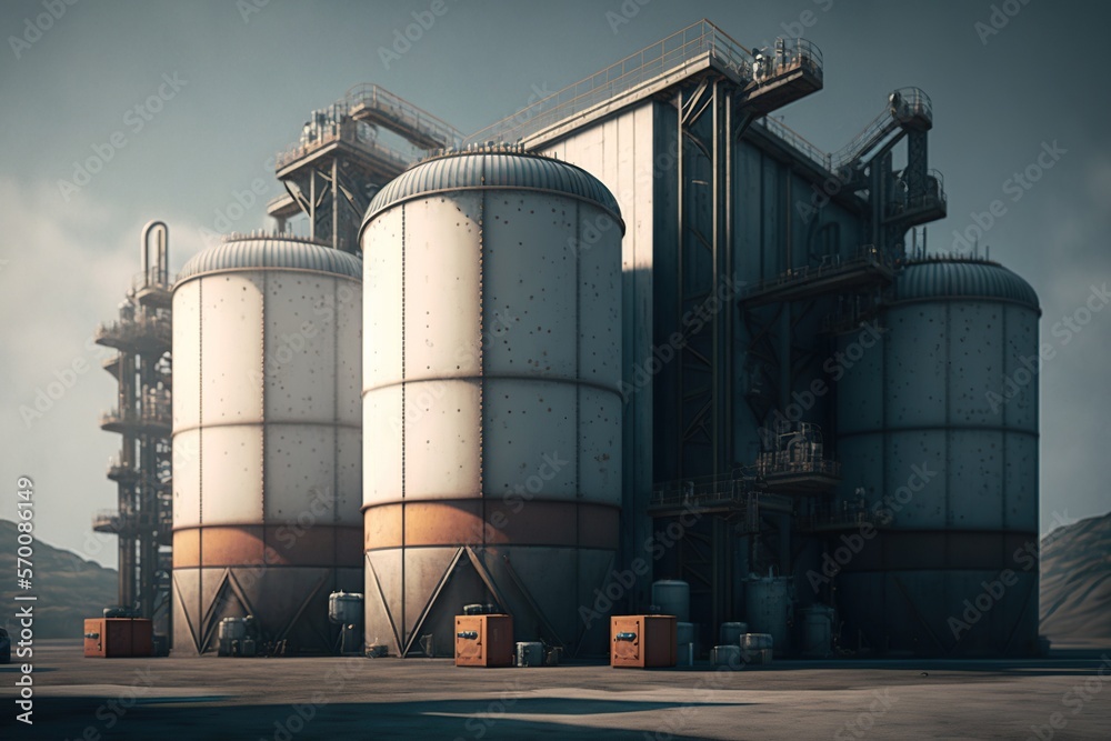 Large chemical storage facility with tanks and containers stacked high, concept of Safety Protocols and Chemical Hazards, created with Generative AI technology Large chemical storage facility with tanks and containers stacked high, concept of Safety Protocols and Chemical Hazards, created with Generative AI technology