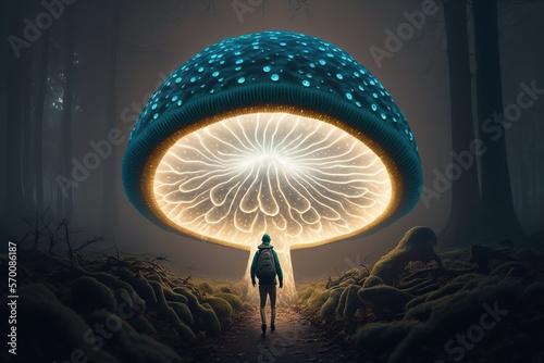 Large glowing mushroom and a person in front of it  concept of Fantasy and Mystical  created with Generative AI technology