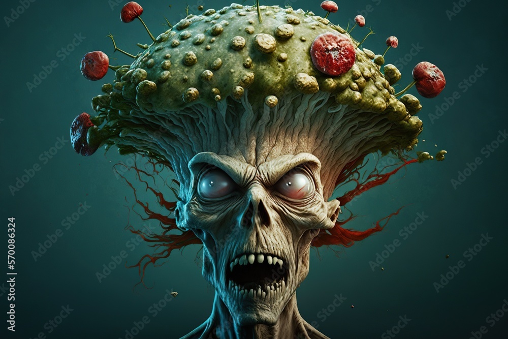 Mushroom grows on a zombies head, concept of Parasitic Symbiosis and Undead Fungus, created with Generative AI technology