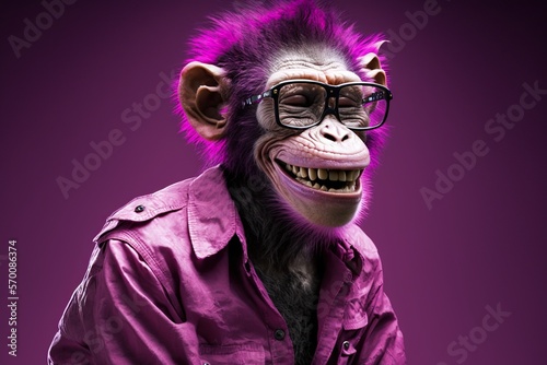 Nerd monkey smiling, magenta, concept of Studio Portrait and Magenta Background, created with Generative AI technology