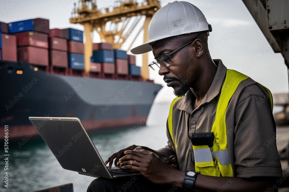 Port worker using a computer to track the movement of containers and shipments, concept of Data Analysis and Logistics Management, created with Generative AI technology Port worker using a computer to track the movement of containers and shipments, concept of Data Analysis and Logistics Management, created with Generative AI technology