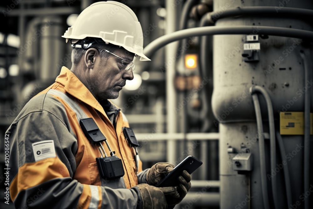 Safety inspector checking equipment and procedures in a chemical plant, concept of Compliance Monitoring and Hazard Analysis, created with Generative AI technology Safety inspector checking equipment and procedures in a chemical plant, concept of Compliance Monitoring and Hazard Analysis, created with Generative AI technology