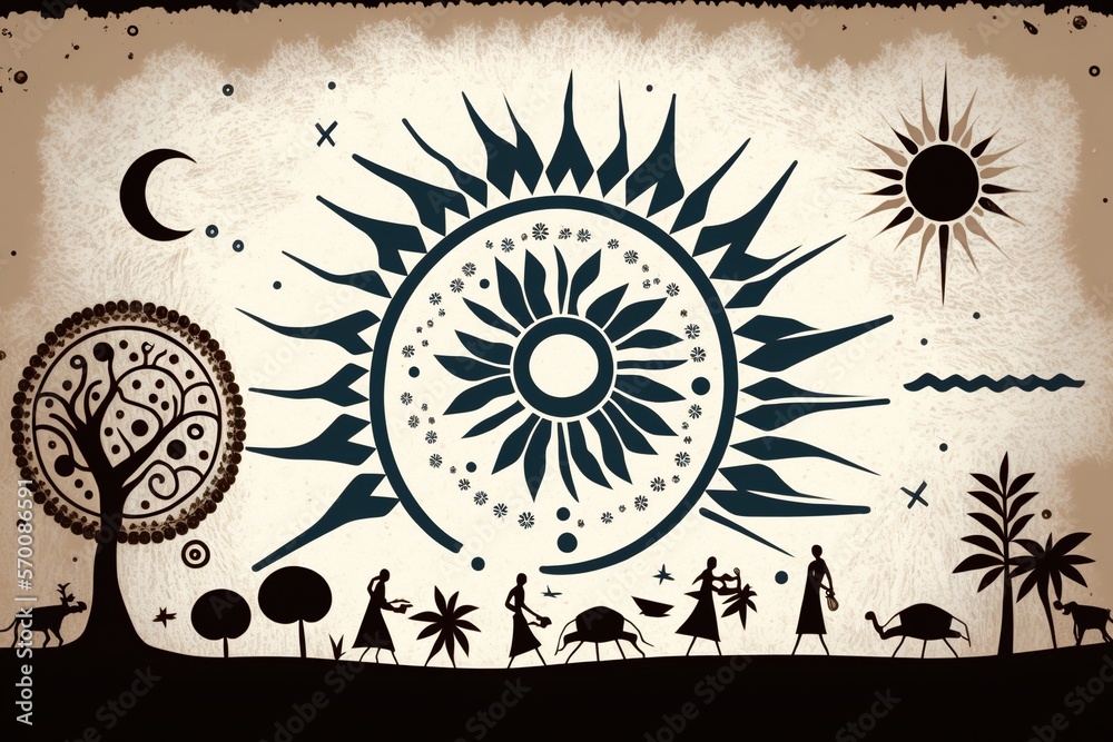 Sky painted in warli style, concept of Folk Art and Tribal Art, created with Generative AI technology