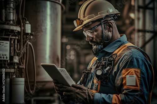 Safety inspector checking equipment and procedures in a chemical plant, concept of Compliance Monitoring and Hazard Analysis, created with Generative AI technology
