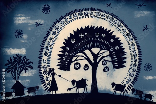 Sky painted in warli style, concept of Folk Art and Tribal Art, created with Generative AI technology