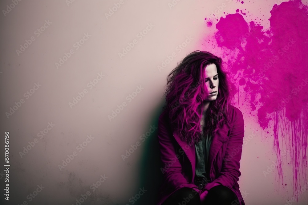 Tumblr woman depressed studio lighting neutral background magenta colour copyspace full body, concept of Sadness and Melancholy, created with Generative AI technology