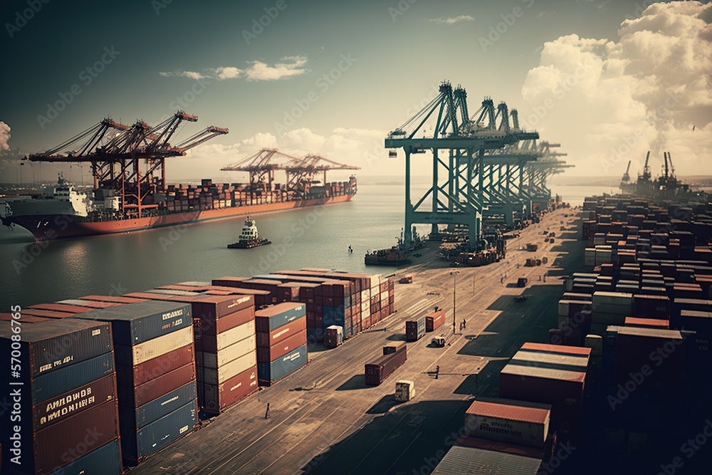 View of the port showing rows of cargo containers and cranes in the distance, concept of Seaport and Logistics, created with Generative AI technology - obrazy, fototapety, plakaty 
