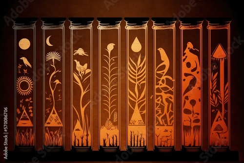 Test tubes in warli style, concept of Tribal Art and Scientific Experimentation, created with Generative AI technology