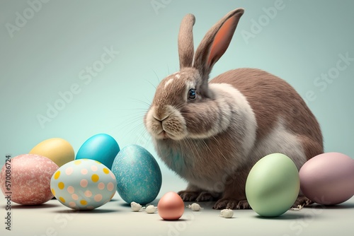 Easter bunny with easter eggs,isolated on clear pastel background , Generative ai