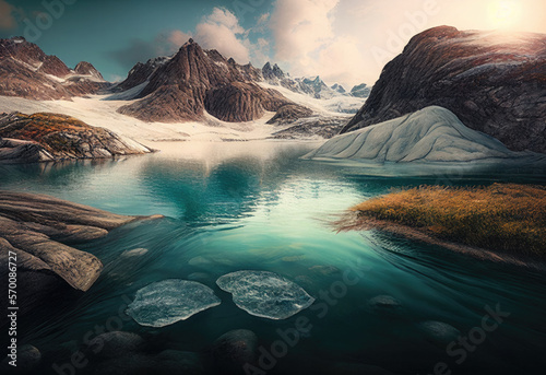 lake and mountains in winter created with Generative AI technology