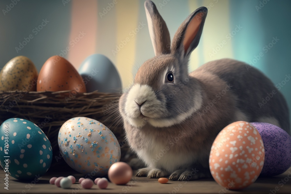 Easter bunny with easter eggs background , Generative ai	
